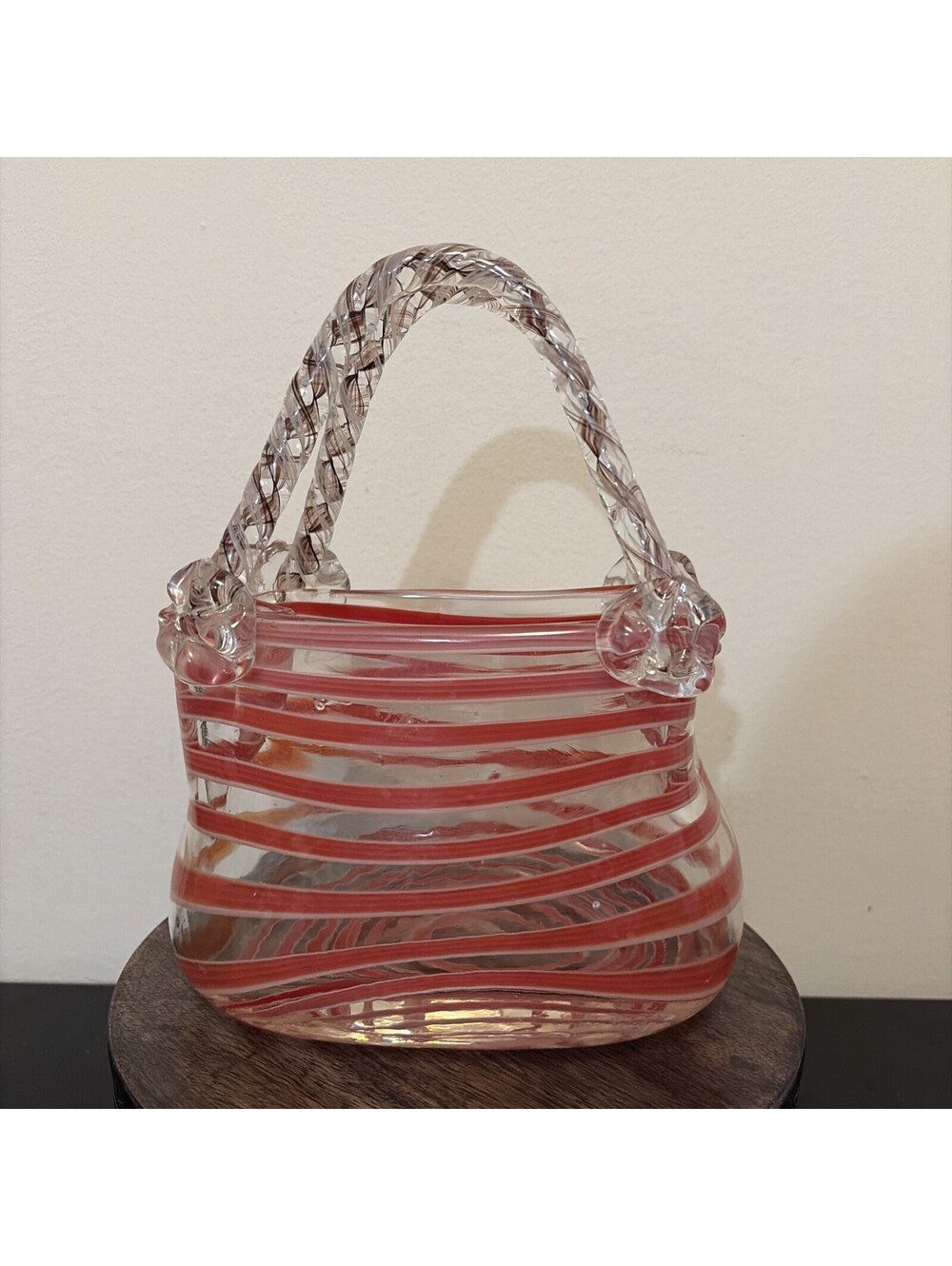Murano Style Vintage Hand Blown Glass Purse Red White Stripe